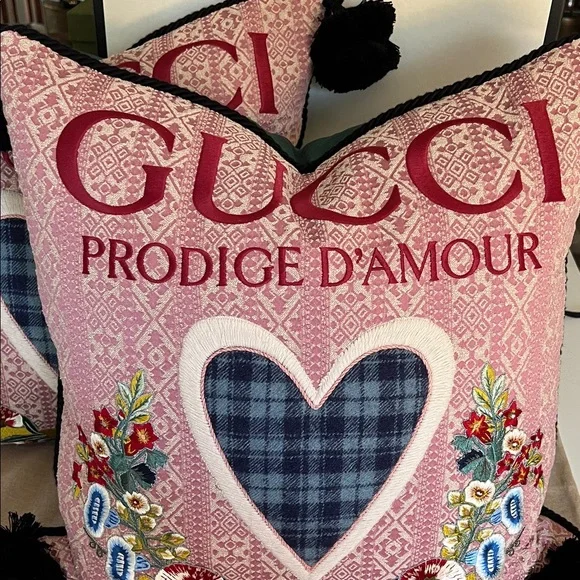 Gucci Pink Accent Pillow with Heart and Floral Design - Picture 2 of 11